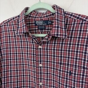 Polo Ralph Lauren Shirt Mens 2XL Red Blue Plaid Marlowe Button Front Cotton